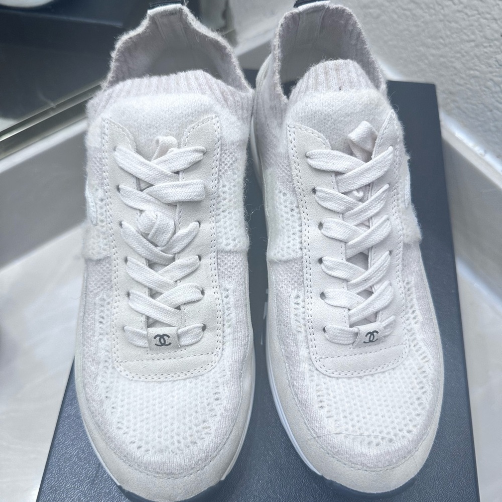 Chanel White Knit Sneakers